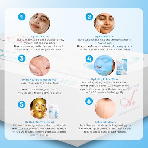Image of A+ Hydra Facial Korean Monodose Kit | 6 Step Facial Kit with Sheet Mask & Rubber Mask | Fermented Rice Water & Ceramides | Nourishment, Hydration & Glowing Skin | For Men & Women