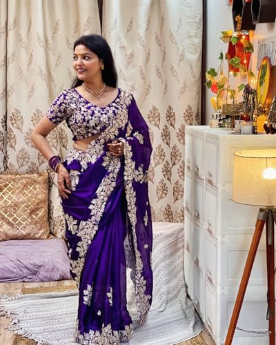 Image of Yashika Women's Organza Satin Butti Work With Zari Lace Border Embroidered Saree| Women Sari