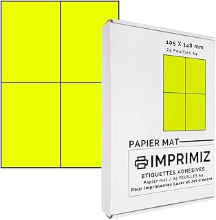 100 etiquetas autoadhesivas amarillo neón de 105 x 148,5 mm – 4 etiquetas/hoja – 25 hojas papel A4 adhesiva color – para impresión láser y de inyección de tinta