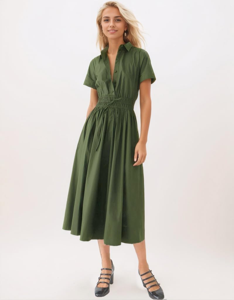 Ladyful Women Casual Button Down Short Sleeve Shirt Dress Tie Waist Midi Shirt Dress Elegant Business Party - Image 4