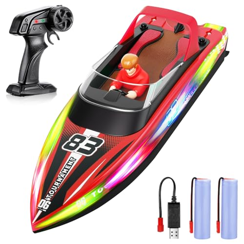 HOTUT Barco Teledirigido, 2.4GHz Barcos Teledirigidos con Luces LED y Alarma de Batería Baja, Barco RC Rápido e Impermeable, para Niños, para Piscinas y Lagos, Regalo para Niños y Adultos