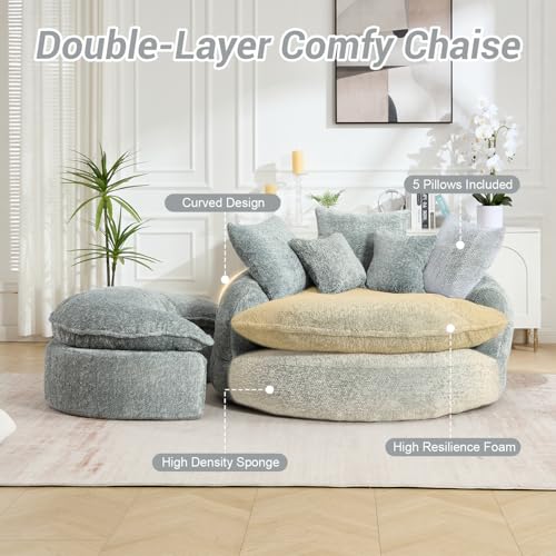 Image of 54 inch Round Chaise Lounge with Ottoman Big Bean Bag Round Sofa Bed Oversized Round Couch Boneless Reading Chair Comfy Plush Chenille Large Chaise Chair for Living Room, Apartment, Blue Gray