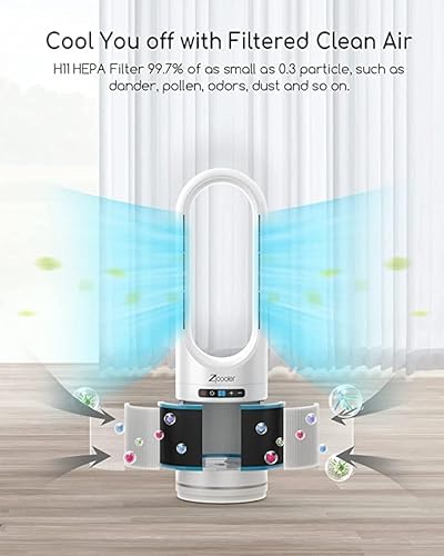 Zicooler Bladeless Tower Fan And Air Purifier, 80° Oscillating Fan For Bedroom, 32 Inch Standing Floor Fans With Hepa Filter 99.97%, Remote, Quiet Cooling Fan For Indoor Home Office Room #TOP2