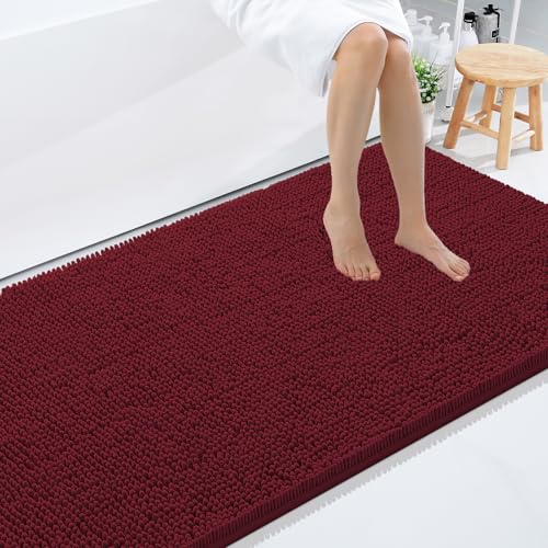 Smiry Luxury Chenille Bathroom Rugs 59x35, Extra Soft and Absorbent Shaggy Bath Mat, Machine Washable, Non-Slip Plush Carpet Runner for Tub, Shower, and Floor, Home Decor Accessories, Burgundy