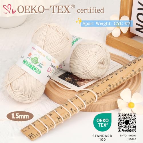 Image of Katech 1OO% Cotton Yarn for Crocheting-2 Sport Weight Baby Yarns (Cream)