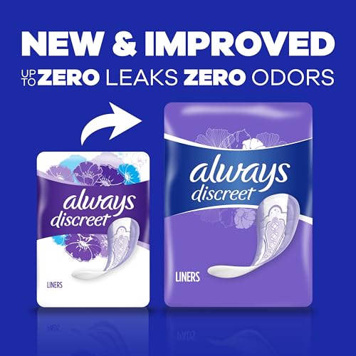 Image of Always Discreet Adult Incontinence & Postpartum Liners for Women, Size 2, Very Light Absorbency, Long Length, 44 Count x 3 Packs (132 Count Total) (Packaging May Vary)