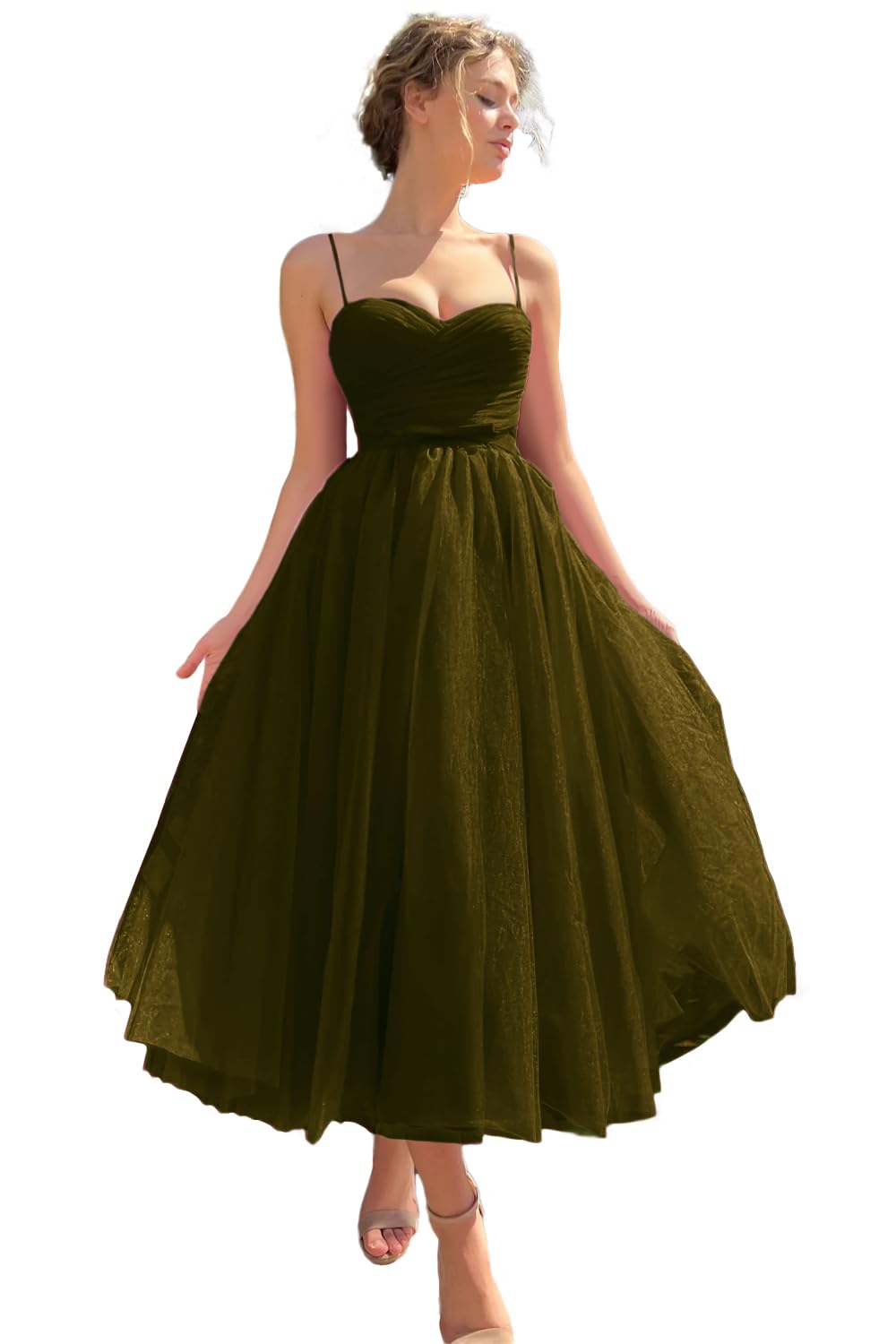Sevintage Spaghetti Straps Tulle Prom Dress Tea Length Formal Party Evening Dress with Pockets