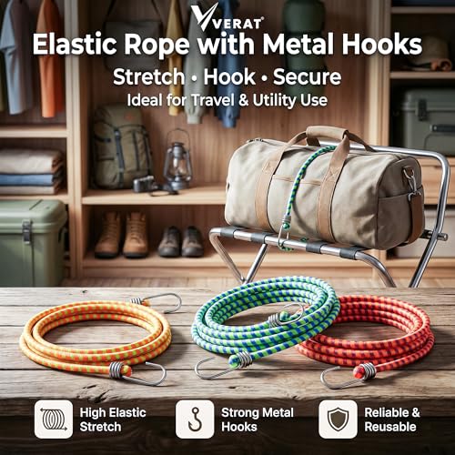 Image of VERAT High Strength Stretchable Elastic Rope /Bungee Cord - Versatile for Hanging Clothes, Tying Behind Bikes, etc. (2m + Expandable) (Multicolour, Pack of 1)