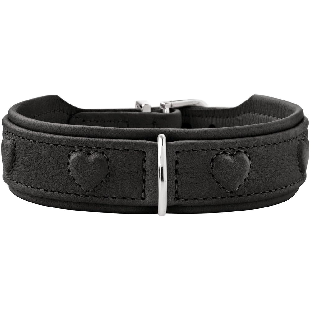 HUNTER Hundehalsband SOHO X Love, Farbe: schwarz, Rindsleder, weich & geschmeidig, gepolstert & fellschonend, eingenähte Herzen, leicht, für kleine Hunde & Welpen, Made in Germany, Größe: 47
