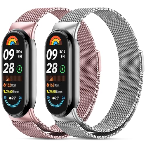CHANRASI Correa compatible con xiaomi mi band 8/xiaomi smart band 9, Metal ajustable de acero inoxidable reloj pulsera de repuesto para xiaomi mi band 8/xiaomi smart band 9 Plata+Rosa