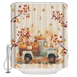 Fall Pumpkin Shower Curtain, Thanksgiving Truck Falling Maple Leaves Fabric Shower Curtain Set with 12 Hooks Cotton Linen Waterproof Bathroom Curtains for Farmhouse Wither Holiday Decor, 72"W x 72"L Fall Pumpkin Shower Curtain Thanksgiving Truck Falling Maple Leaves Fabric Shower Curtain Set with 12 Hooks Cotton Linen Waterproof Bathroom Curtains for Farmhouse Wither Holiday Decor 72W x 72L