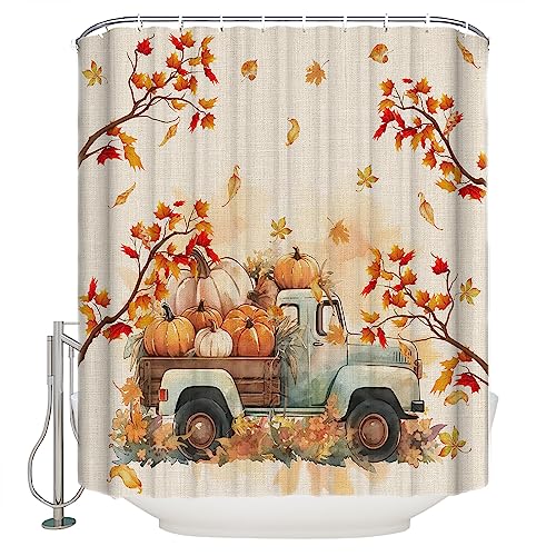 Fall-Pumpkin-Shower-Curtain-Thanksgiving-Truck-Falling-Maple-Leaves-Fabric-Shower-Curtain-Set-with-12-Hooks-Cotton-Linen-Waterproof-Bathroom-Curtains-for-Farmhouse-Wither-Holiday-Decor-72W-x-72L Fall Pumpkin Shower Curtain Thanksgiving Truck Falling Maple Leaves Fabric Shower Curtain Set with 12 Hooks Cotton Linen Waterproof Bathroom Curtains for Farmhouse Wither Holiday Decor 72W x 72L