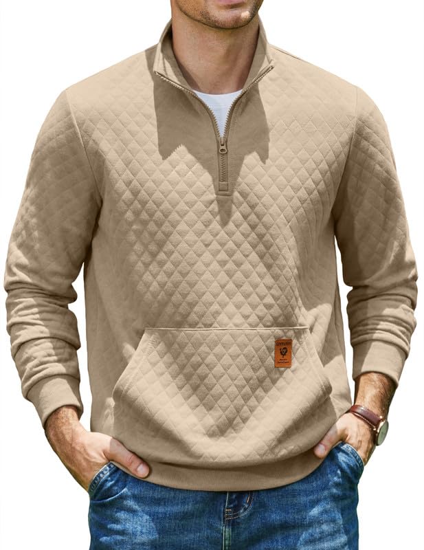 COOFANDY Mens Quarter Zip Pullover Long Sleeve Sweatshirt Kangaroo Pocket | Waffle Quilted Half Zip Sweater, Stylish Casual Pullover with Ribbed Cuffs for Fall & Winter, 2026 Fashion