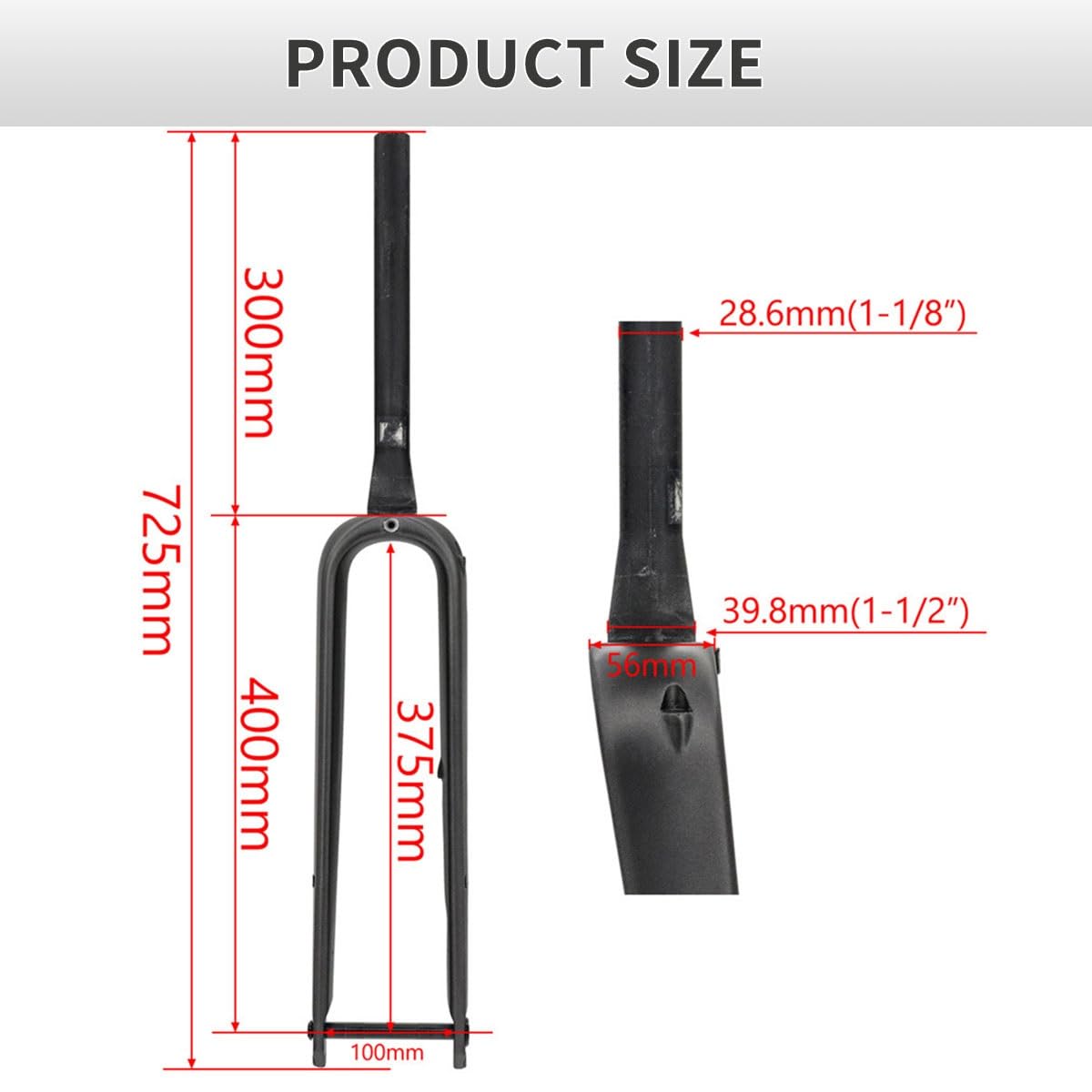Starre Carbonfasergabel für Gravelbike 700C, 1-1/2" konischer Gabelschaft, 12x100 mm Steckachse, Gabelschaft-Außendurchmesser: 28,6 mm.