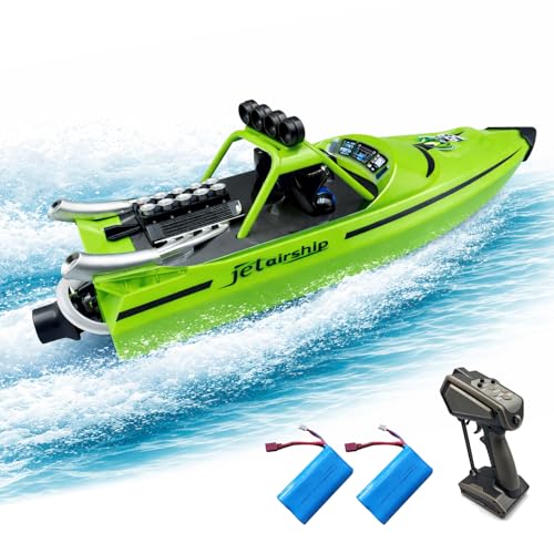 CLORPTYSL Fast RC Speed Boat, 30Kph Jet Racing Boat with Powerful Jet Propulsion for Adult & Children, 2 * 1500mAh Batteries Electric Remote Control Small Water Boat for Pool, Lake, River (Green)