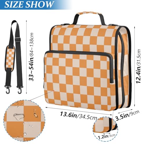 Image of 3 Ring Zipper Binder with Shoulder Strap Orange Checkerboard 1.5 inch Binders Keeper Large Capacity Multi Pockets for School Office Supplies