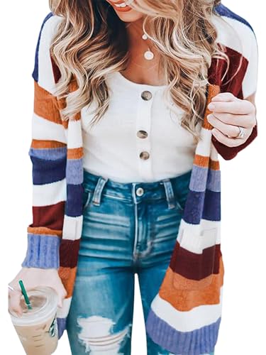 ECOWISH Women Cardigan Sweaters Long Floral Striped Winter Fall Long Sleeve Open Front Cozy Knitted Daisy Fuzzy Coats Outwear Floral Large