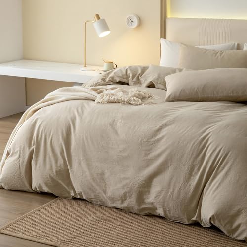JIYUAN 100% Washed Cotton Duvet Cover Set 3 Pieces Queen, 1 Duvet Cover 90x90 Inches(Comforter Not Included) and 2 Pillowcases,Linen Feel Bedding Set Comfy and Breathable, Heathered Tan