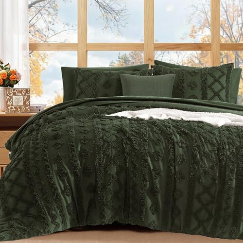 Image of King Size Comforter Set- 7 Pieces Tufted Bed in a Bag King Bedding Sets | All Season Shabby Chic Boho Bedding with Comforter, Sheets, Pillowcases & Shams, Dark Green