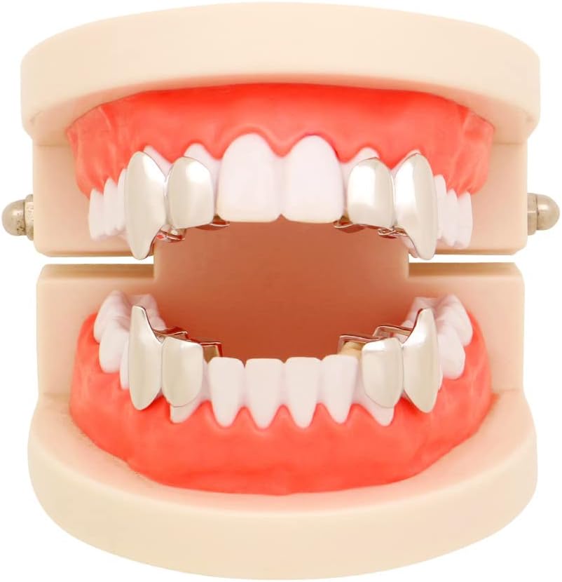 2 Pcs 18K Gold Plated Double Tooth Cap Hip Hop Teeth Grillz Vampire Fangs Grills Set for Men Women Party Accessories Teeth Grills