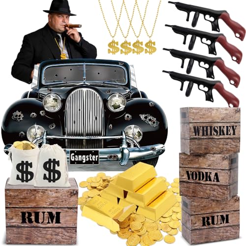 123Pcs Gangster Party Decorations Set Includes Inflatable Gun Props Canvas Money Bag Cardboard Golden Box Fake Gold Coins Gangster Car Photo Booth for 1920s Mafia Party Speakeasy Cosplay Birthday