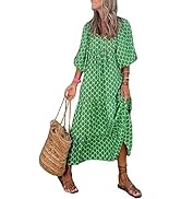 miduo Womens Loose Fit Casual Summer V Neck Half Sleeve Bohemian Geometric Pattern Maxi Long Dresses