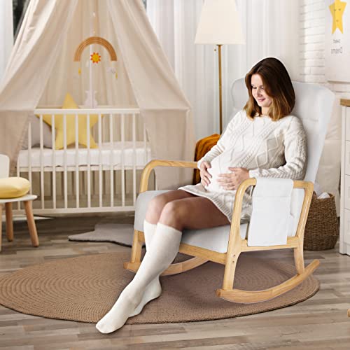 Noblemood Rocking Chair With Ottoman And Lumbar Pillow, Thickened Sponge High Back Nursery Rocker Wood Glider Chair With Mute Foot Pad For Living Room, Reading(Beige & White) #TOP6