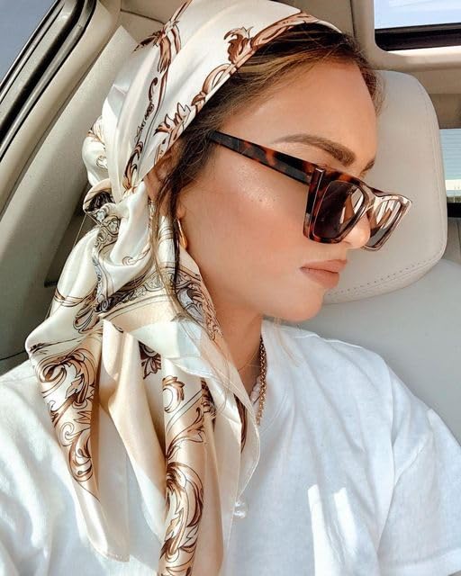 Large Square Silk Neck Scarf, Like Silk Head Scarves for Women 35” Satin Scarf-Beige4