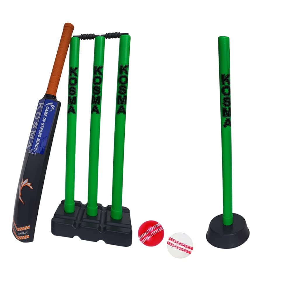 Kwik - Juego de críquet Crazy Cricket, 1 bate n.º 3, 2 pelotas, juego de muñón de mimbre con fianzas, muñón único, color verde y gris