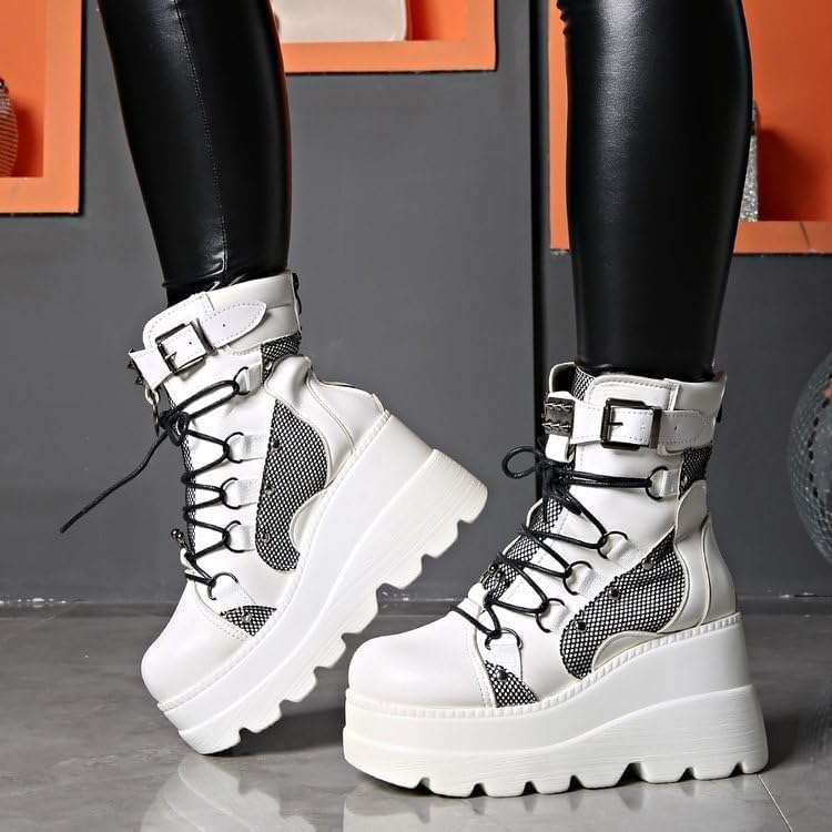 Image of Womens Goth Platform Boots Chunky High Heel Booties Round Toe Combat Ankle Boots Womens Lace Up Motorcycle Wedges Shoes