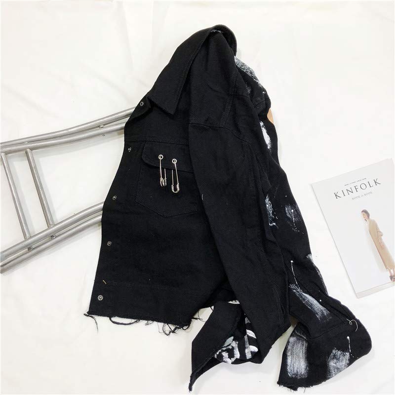 Streetwear Women Denim Jacket Fashion Graffiti Print Jacket Female Loose Coat Jackets,Black,L3