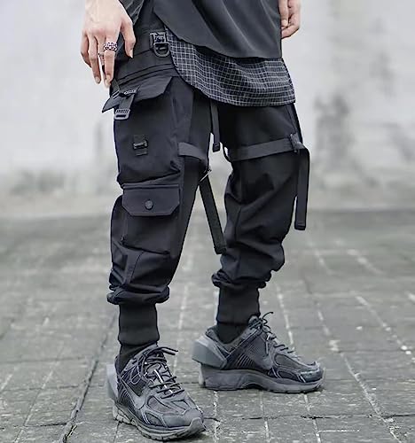 MOKEWEN Men's Buckle Bandage Straps Ankle Band Casual Cargo Pants with Pockets3