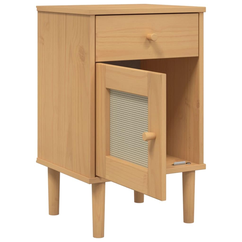 Comodino SENJA Aspetto Rattan Marrone 40x35x65 cm in Legno Pino Elegante Mobiletto Notte in Rattan Look per Camera Letto con Cassetto Salva Spazio