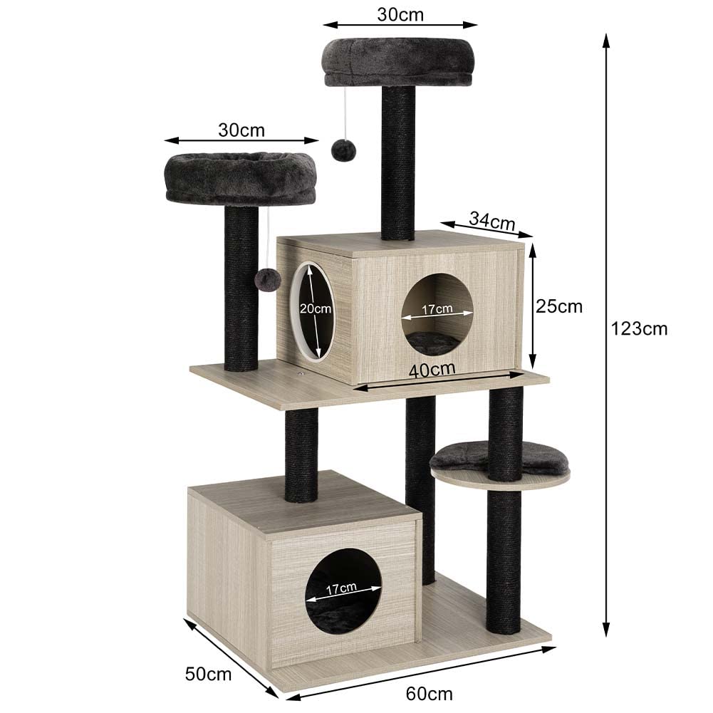BAKAJI Árbol rascador para arañar Refugio 2 Bolas 2 cuchas, Mantas para Gatos, Animales, felinos, Interactivo, Resistente a los arañazos, Resistente, árbol trepador, Bicolor Beige y Gris
