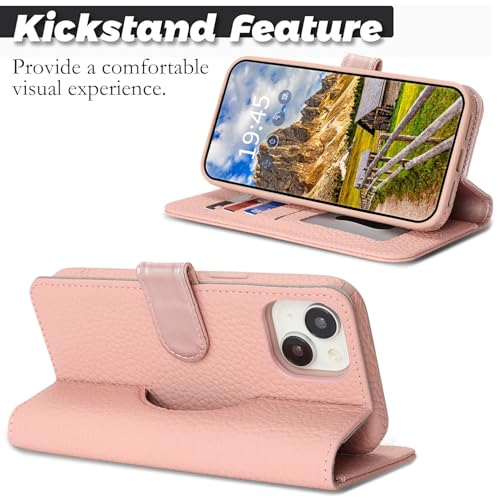 Image of Detachable Genuine Leather Case for iPhone 13 /14 Wallet Case Magnetic 2in1 Removable Flip Cover Book Purse Compatible with Magsafe Charging Kickstand Card Holder-Pink