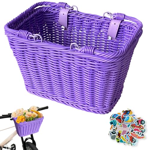 Kids Bike Basket Front,Kids Scooter Small Basket,Cute Purple Square Wicker Bicycle Basket for Boys Girls, Detachable Handlebar with Adjustable Leather Straps