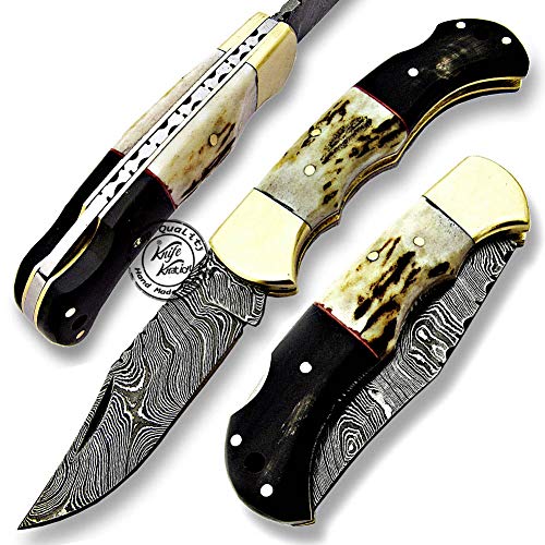 Stag Horn & Buffalo Horn 6.5'' 100% Handmade Damascus Steel Folding Pocket Knife 100% Prime Quality