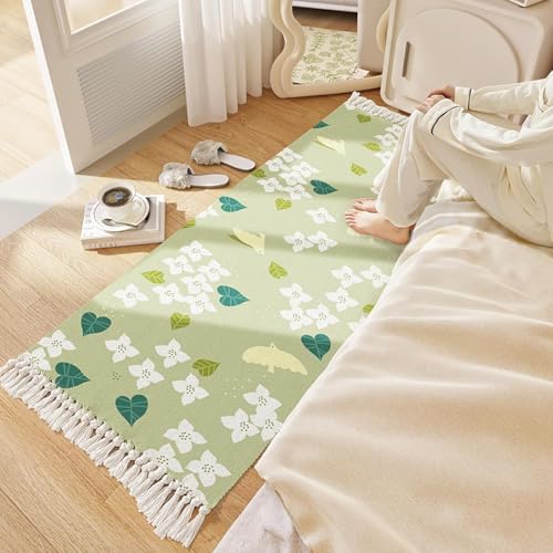 Image of SAGON 2x5 Ft Printed Runner Carpet - Cotton Bedside Rug for Bedroom & Living Room (Green Blossom Design)