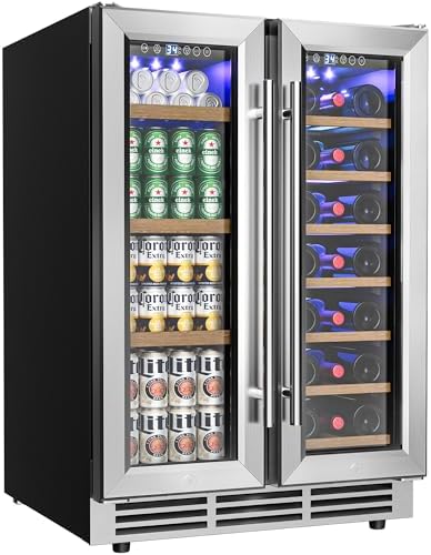 EUHOMY Wine and Beverage Refrigerator, 24 Inch Dual Zone Wine Cooler with Glass Door Hold 21 Bottles and 88 Cans, Built in or Under Counter Wine Fridge with Blue LED Light