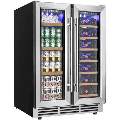 EUHOMY Wine and Beverage Refrigerator, 24 Inch Dual Zone Wine Cooler with Glass Door Hold 21 Bottles and 88 Cans, Built in or Under Counter Wine Fridge with Blue LED Light