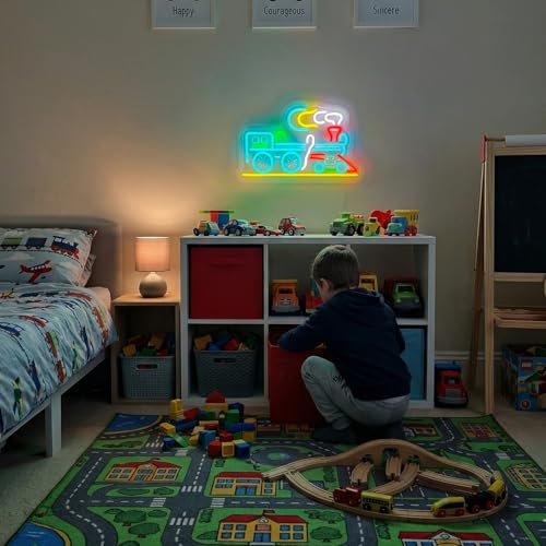 Image of Train Neon Sign for Wall Decor, LED Train Light with Dimmer Switch, USB Powered Neon Lights for Kids Room, Bedroom, Game Room, Railway Lover Gift Decor