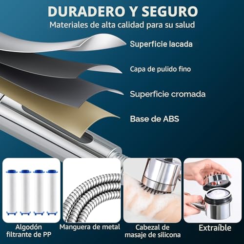 Miniatura 6 de LENDOO Alcachofa de ducha con Filtera – Cabezal de ducha cromado de alta presión con filtro de agua de 15 niveles, 4 modos y botón de parada – Alcachofa de ducha para agua calcárea, niños, mascotas y