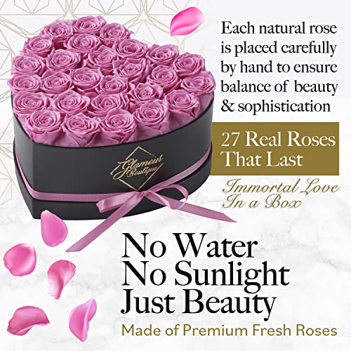 GLAMOUR BOUTIQUE 27 Flower Forever Heart Shape Box - Preserved Roses Gift for Her, Preserved Flowers, Pink - Thumbnail 2