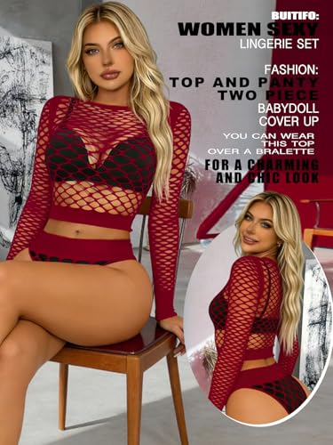 Buitifo Damen Dessous-Sets Sexy Lingerie Fischnetz Sexy Bodys Nachtwäsche(dunkelrot WG,Einheitsgröße)
