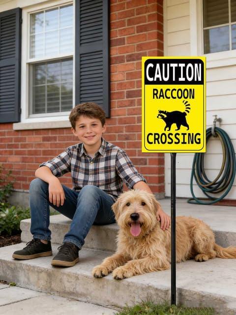 Raccoon Decor - Caution Raccoon Crossing High Visibility Metal Yard Sign, 8" X 12", Rust Resistant With 23" Total Height, Outdoor Road Warning Sign image 3