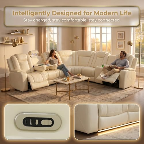 Image of Power Reclining Sectional Sofa for Living Room,Modern L-Shaped Air Leather Sectional Couch Set,Recliner Sofa Set,with LED Lights,Cup Holder,Storage,Charging Ports,Home (White, Sectional)