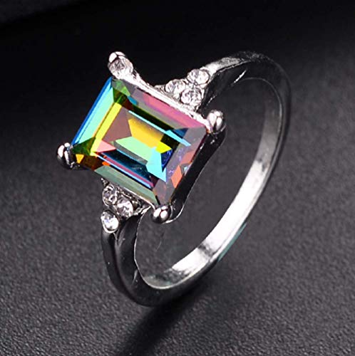 Lzz Fashion Lady 925 Sterling Silver Mysterious Rainbow fire Topaz Ring Square Cut Cubic Zirconia Single Stone Ring Wedding Jewelry Size 6-10 (US Code 7)3