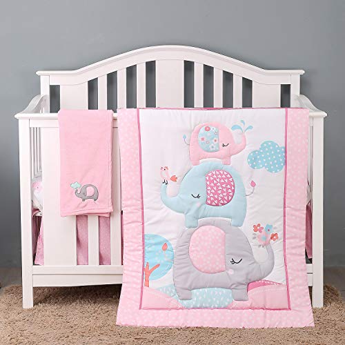 4Piece Soft Baby Girl Crib Bedding Set Pink Elephant Nursery Bedding Crib Set | Crib Comforter, Fitted Sheet, Dust Ruffle,Blanket #TOP20