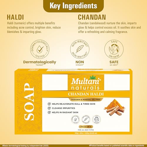 Image of Multani Natural Chandan Haldi Soap - 125 gm (Pack Of 5) | For Hydration & Glow | Paraben Free | Clinically Tested | Helps Rejuvenate Dull & Tired Skin | For All Skin Types | Soap Bar For Men & Women