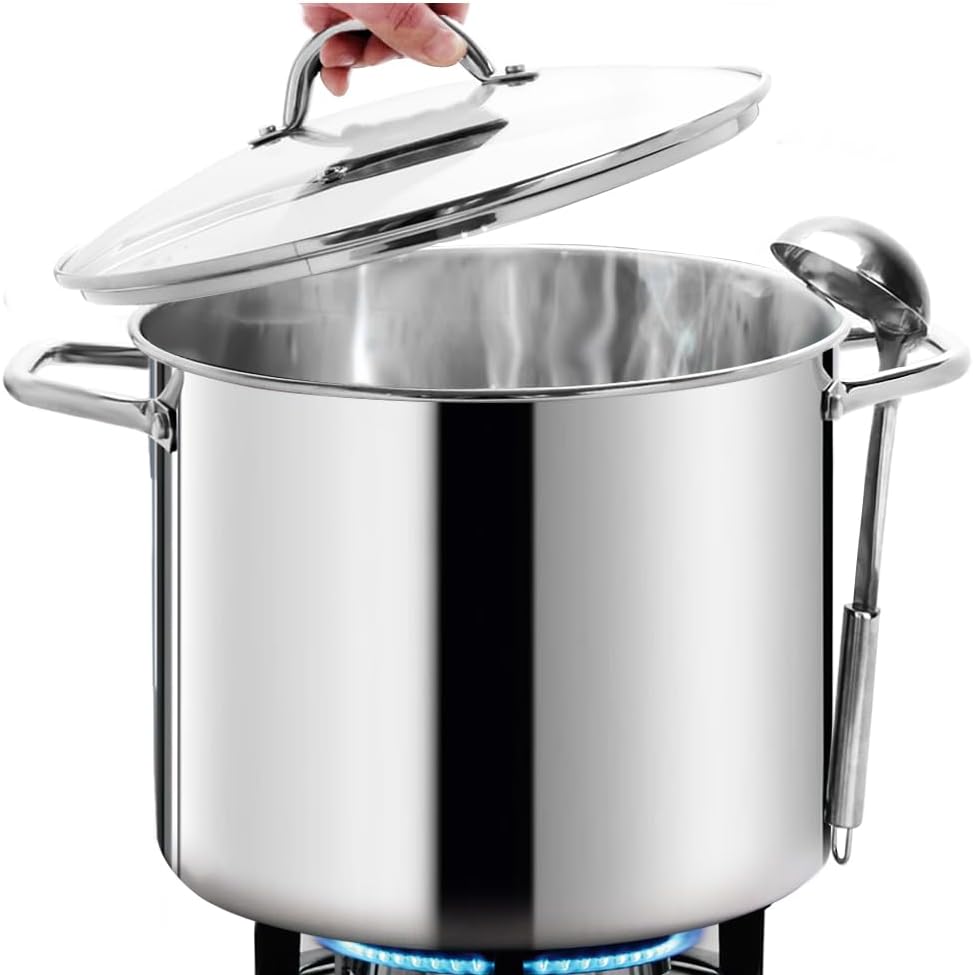 16 Quart LARGE Stock Pot with Glass Lid - NICKEL FREE Stainless Steel Healthy Cookware Stockpots with Lids 16 Quart - Mirror Polished Induction Cooking Pot